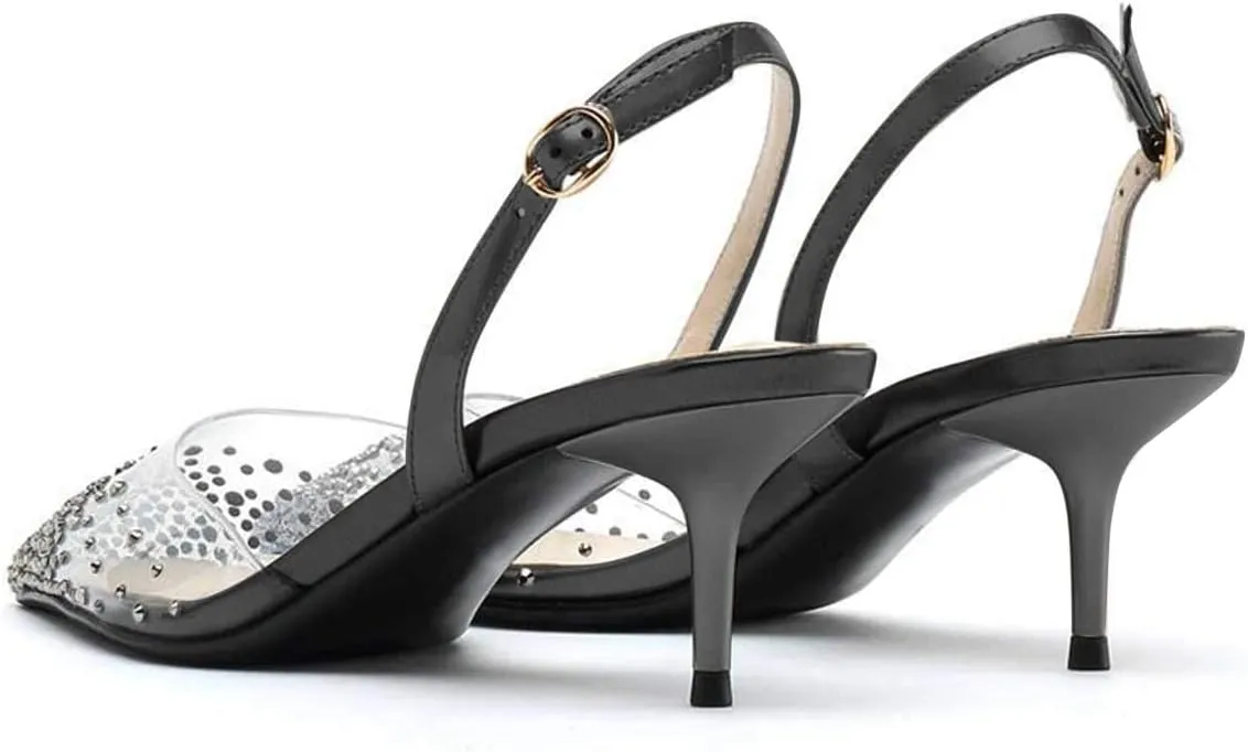 FSJ Women Crystal Studded Clear Pumps Sparkle Rhinestones Mid Low Heel Sandals Slingback D'orsay Pointed Toe Wedding Shoes Size 4-15 US