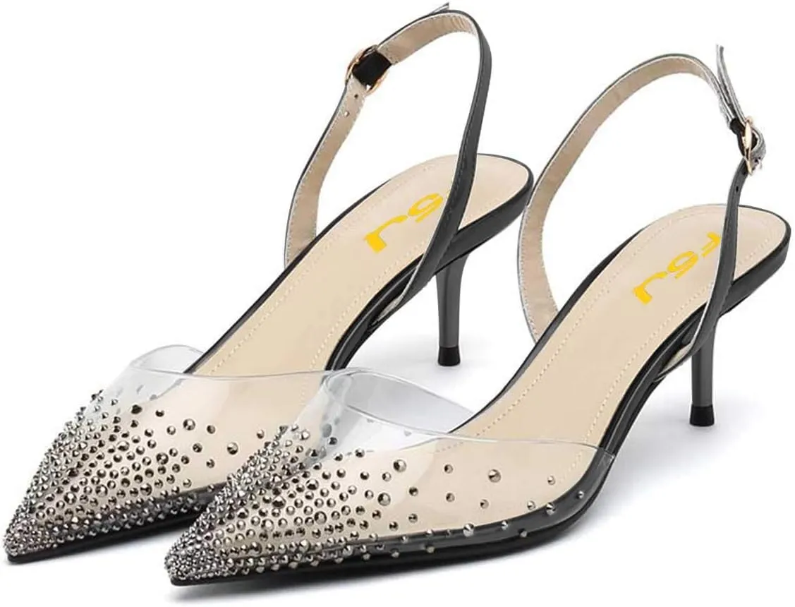 FSJ Women Crystal Studded Clear Pumps Sparkle Rhinestones Mid Low Heel Sandals Slingback D'orsay Pointed Toe Wedding Shoes Size 4-15 US