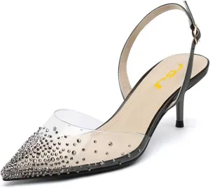 FSJ Women Crystal Studded Clear Pumps Sparkle Rhinestones Mid Low Heel Sandals Slingback D'orsay Pointed Toe Wedding Shoes Size 4-15 US