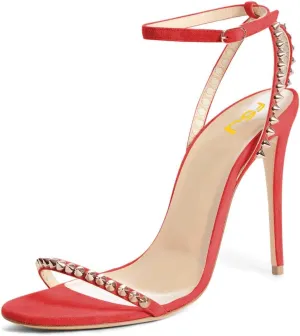 FSJ Women Rivets Studded Ankle Strap Sandals Fashion Open Toe High Heels Stilettos Summer Shoes Size 4-15 US