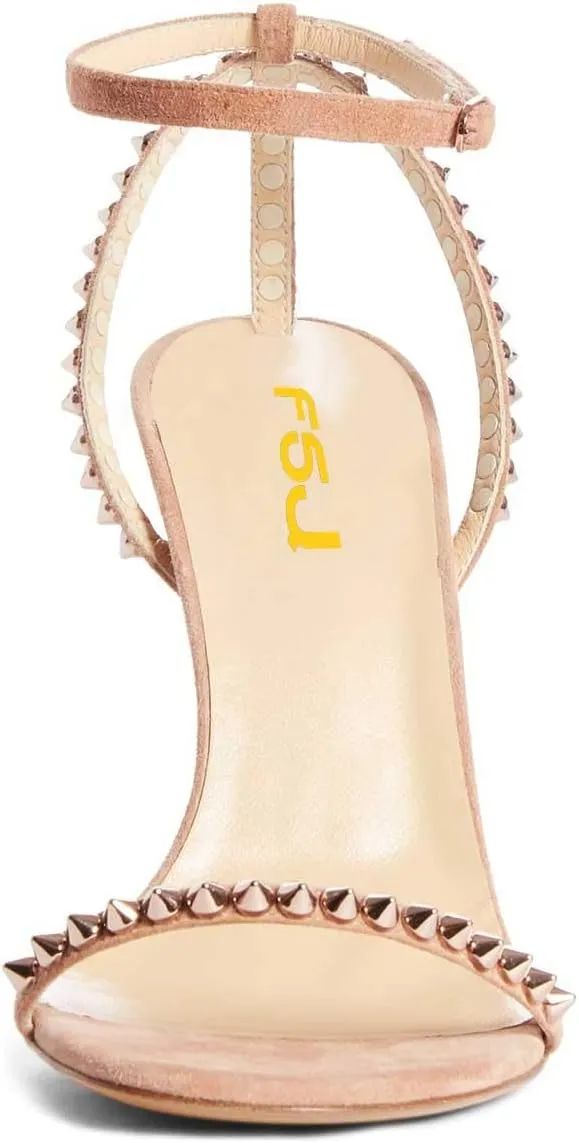 FSJ Women Rivets Studded Ankle Strap Sandals Fashion Open Toe High Heels Stilettos Summer Shoes Size 4-15 US