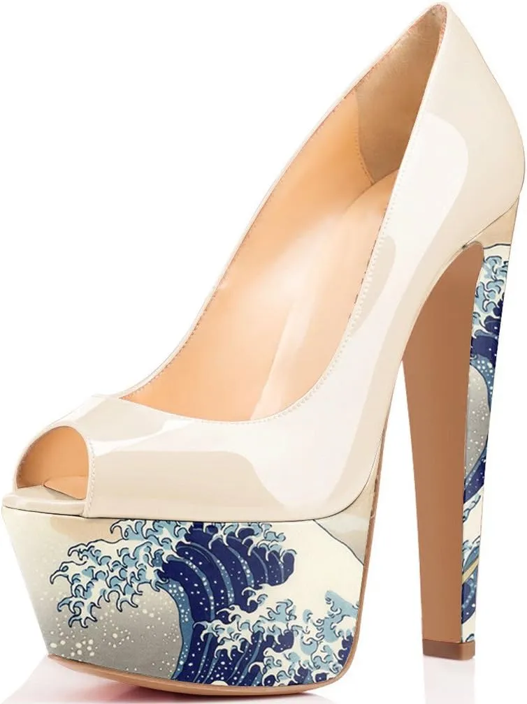 FSJ Women Superb Chunky High Heels Peep Toe Pumps with Platform Dress Shoes for Wedding Size 4-15 US