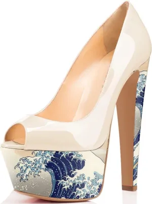 FSJ Women Superb Chunky High Heels Peep Toe Pumps with Platform Dress Shoes for Wedding Size 4-15 US