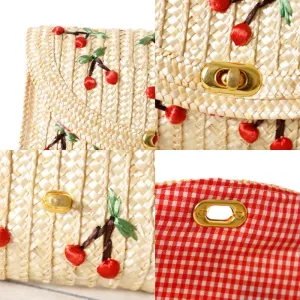 FUNSEED Straw Tote Bag for Women, Cute Red Cherry Embroidery Wheat Straw Woven Shoulder Clutch Bag Purse for Everyday & Vacation