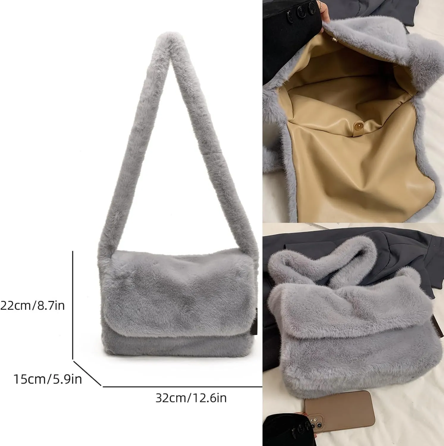 Furry Faux Fur Shoulder Crossbody Bag for Women Cute Handbag Fluffy Plush Y2K Messenger Purse
