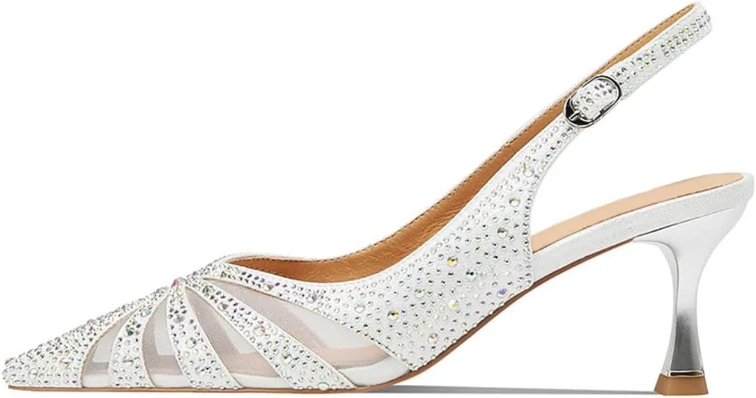 FYS Women's Elegant Pointed Toe Slingback Kitten Heels Glitter Rhinestone Studded Mesh Cutout Pump Buckle Party Prom Work Dress Wedding Shoes Size 4-16 US