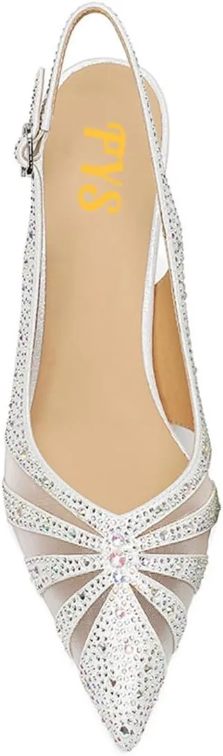 FYS Women's Elegant Pointed Toe Slingback Kitten Heels Glitter Rhinestone Studded Mesh Cutout Pump Buckle Party Prom Work Dress Wedding Shoes Size 4-16 US