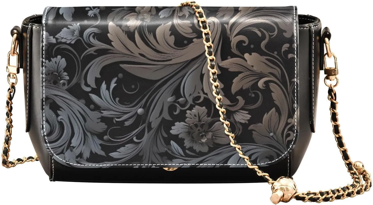 GAIGEO Black and Brown Floral Decorative Swirls Gold Chain Strap Crossbody, Ladies Leather Crossbody Bags