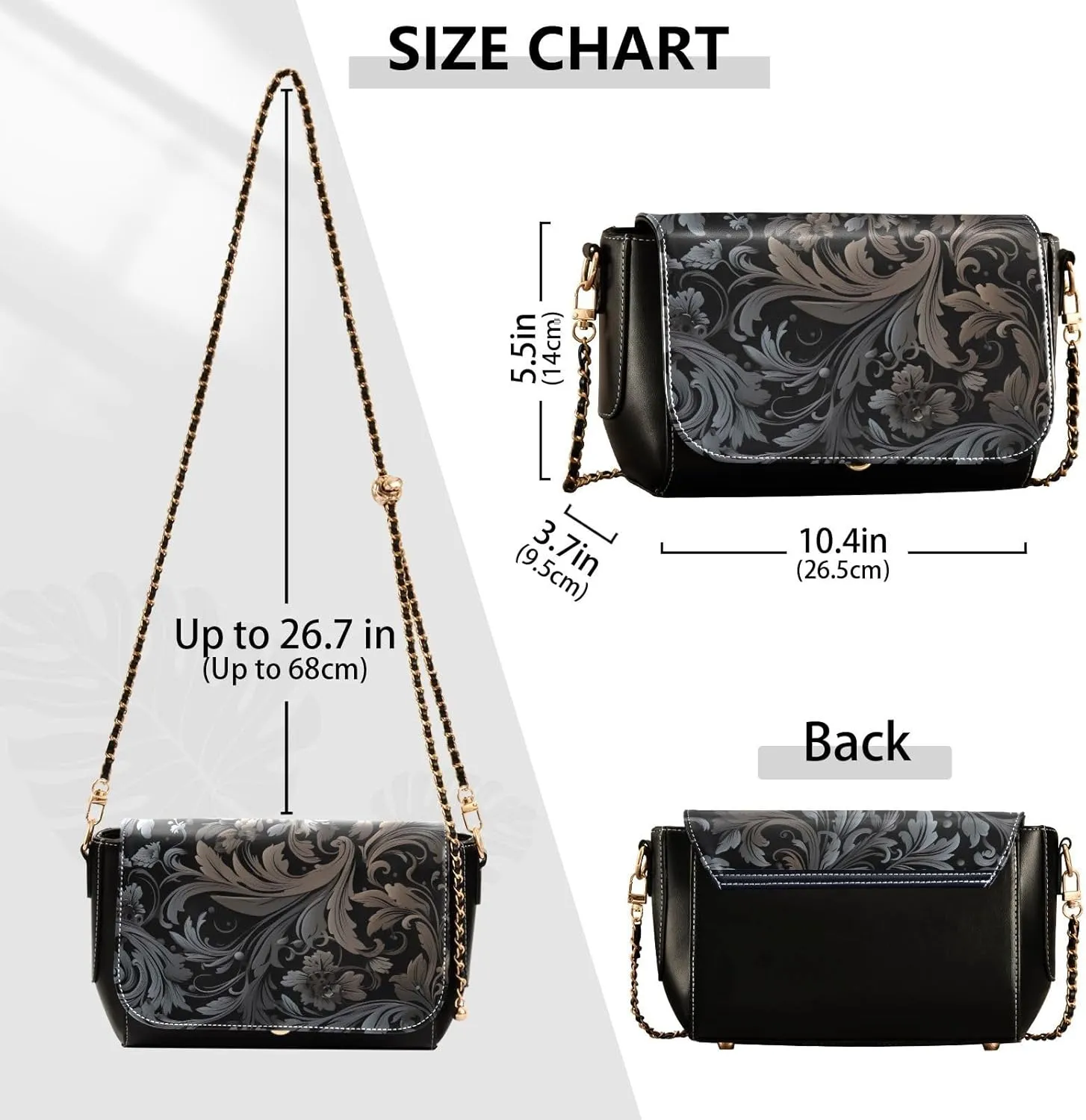 GAIGEO Black and Brown Floral Decorative Swirls Gold Chain Strap Crossbody, Ladies Leather Crossbody Bags