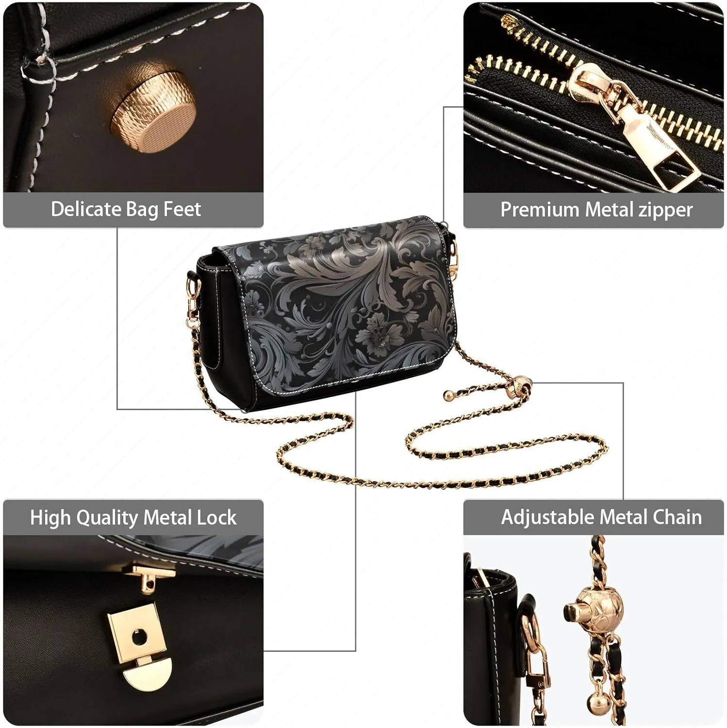 GAIGEO Black and Brown Floral Decorative Swirls Gold Chain Strap Crossbody, Ladies Leather Crossbody Bags