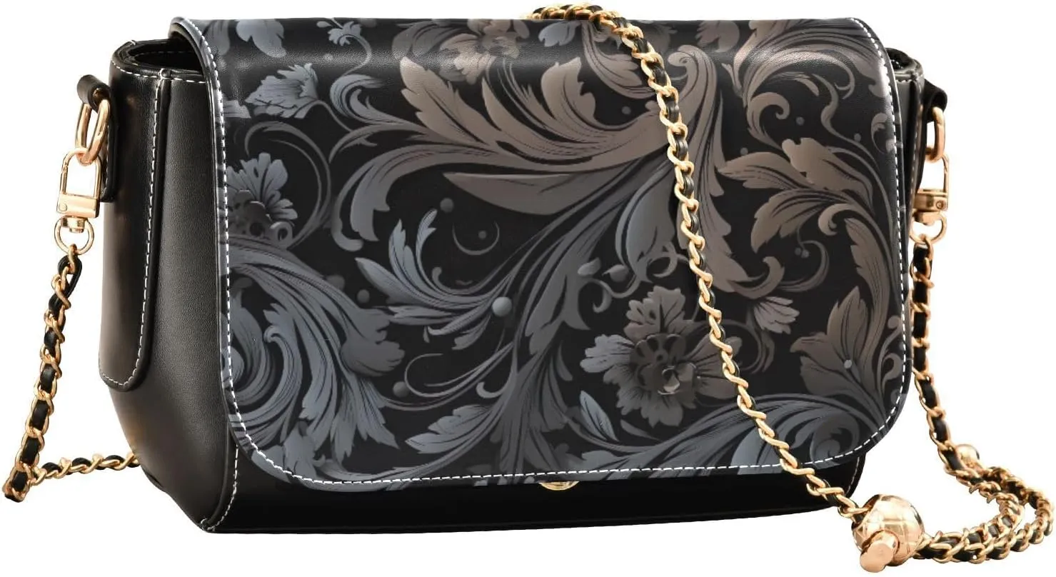 GAIGEO Black and Brown Floral Decorative Swirls Gold Chain Strap Crossbody, Ladies Leather Crossbody Bags