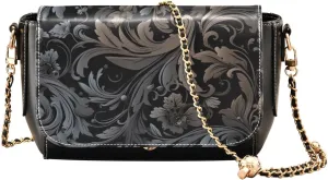 GAIGEO Black and Brown Floral Decorative Swirls Gold Chain Strap Crossbody, Ladies Leather Crossbody Bags