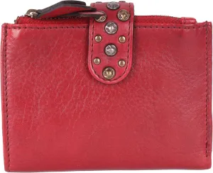 Genuine Italian Leather Boho Studded Bifold Wallet – Zipper Coin Purse & Credit Card Holder for Women (Red)