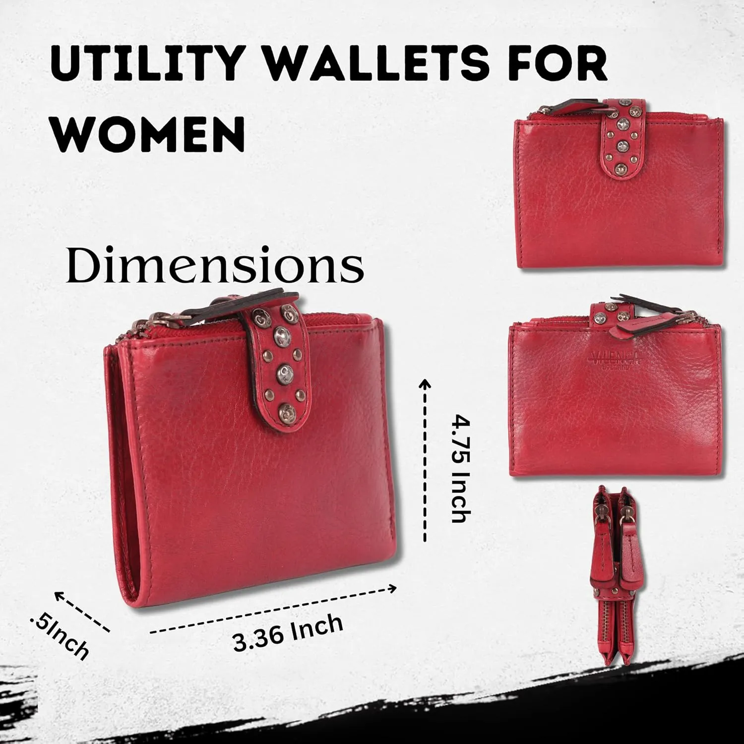 Genuine Italian Leather Boho Studded Bifold Wallet – Zipper Coin Purse & Credit Card Holder for Women (Red)