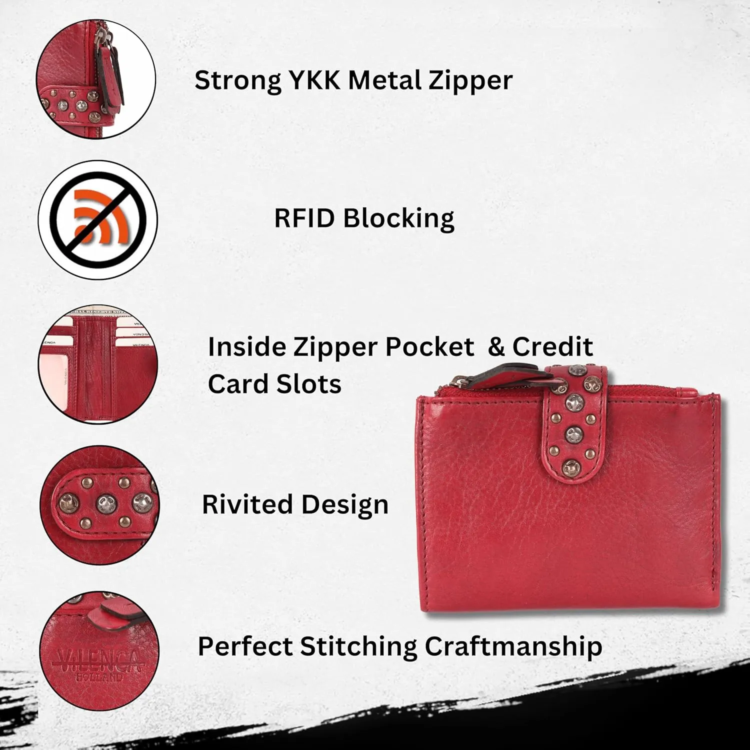 Genuine Italian Leather Boho Studded Bifold Wallet – Zipper Coin Purse & Credit Card Holder for Women (Red)