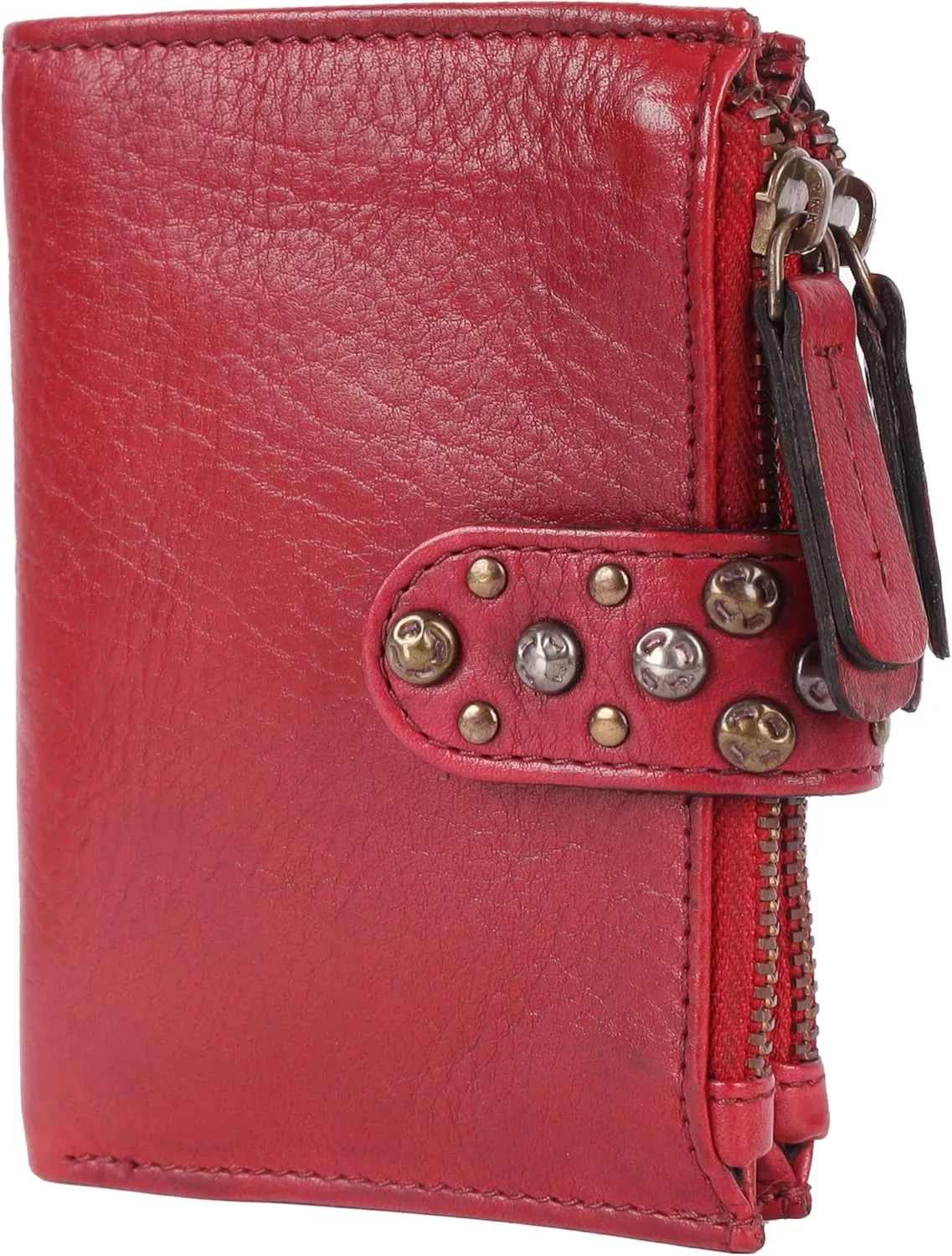 Genuine Italian Leather Boho Studded Bifold Wallet – Zipper Coin Purse & Credit Card Holder for Women (Red)