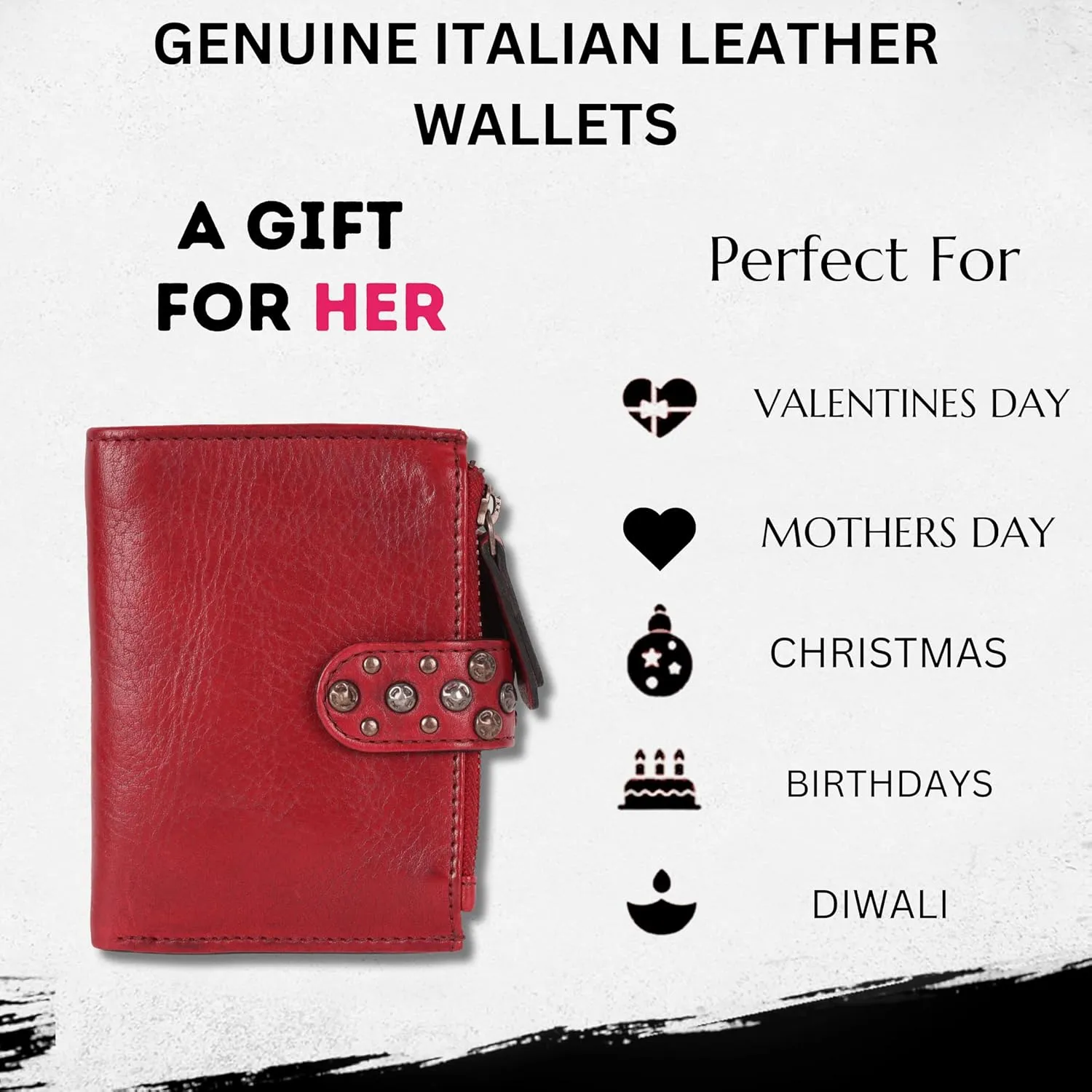 Genuine Italian Leather Boho Studded Bifold Wallet – Zipper Coin Purse & Credit Card Holder for Women (Red)