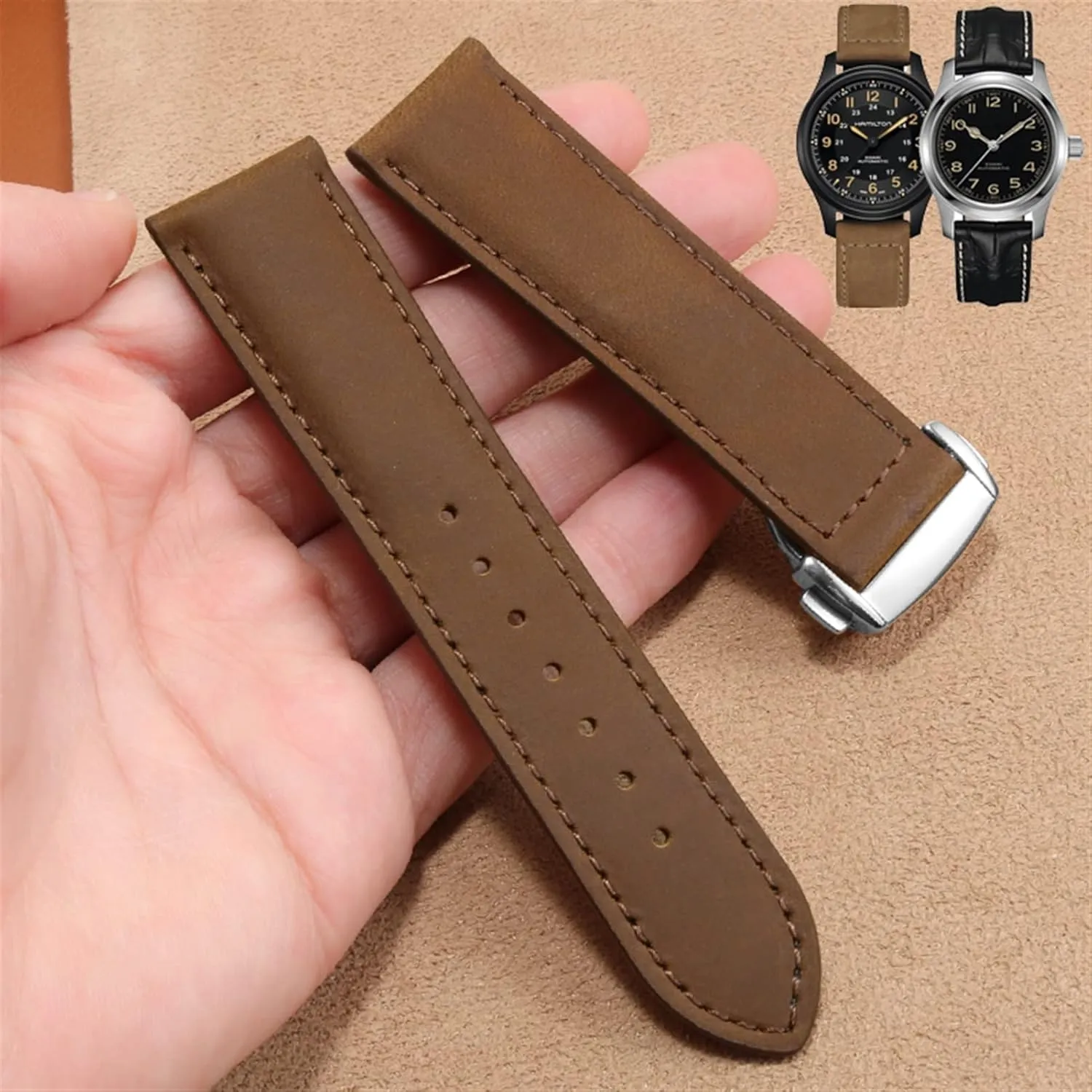 Genuine Leather watch band For Hamilton Kaqi Field Aviation Frosted Folding Buckle Watch Chain 20mm 22mm Strap