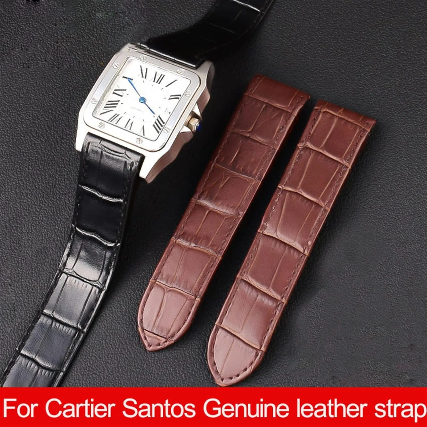 Genuine Leather Watch Strap for Cartier Santos 100 Leather 20mm 23mm Watchband (Color : Brown-Silver, Size : 23mm)