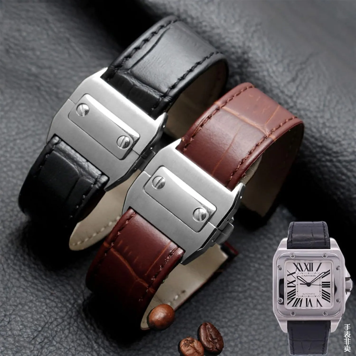 Genuine Leather Watch Strap for Cartier Santos 100 Leather 20mm 23mm Watchband (Color : Brown-Silver, Size : 23mm)