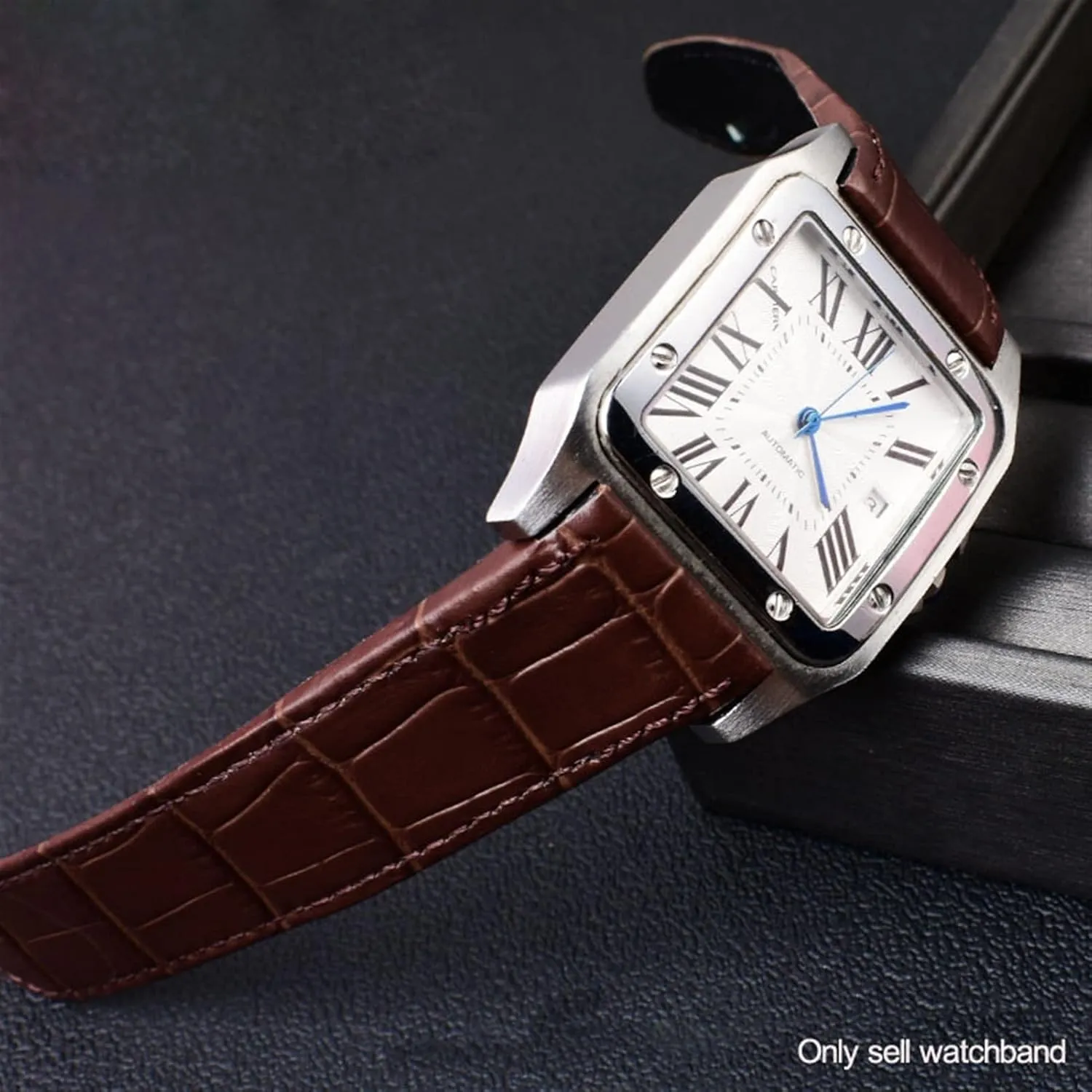 Genuine Leather Watch Strap for Cartier Santos 100 Leather 20mm 23mm Watchband (Color : Brown-Silver, Size : 23mm)