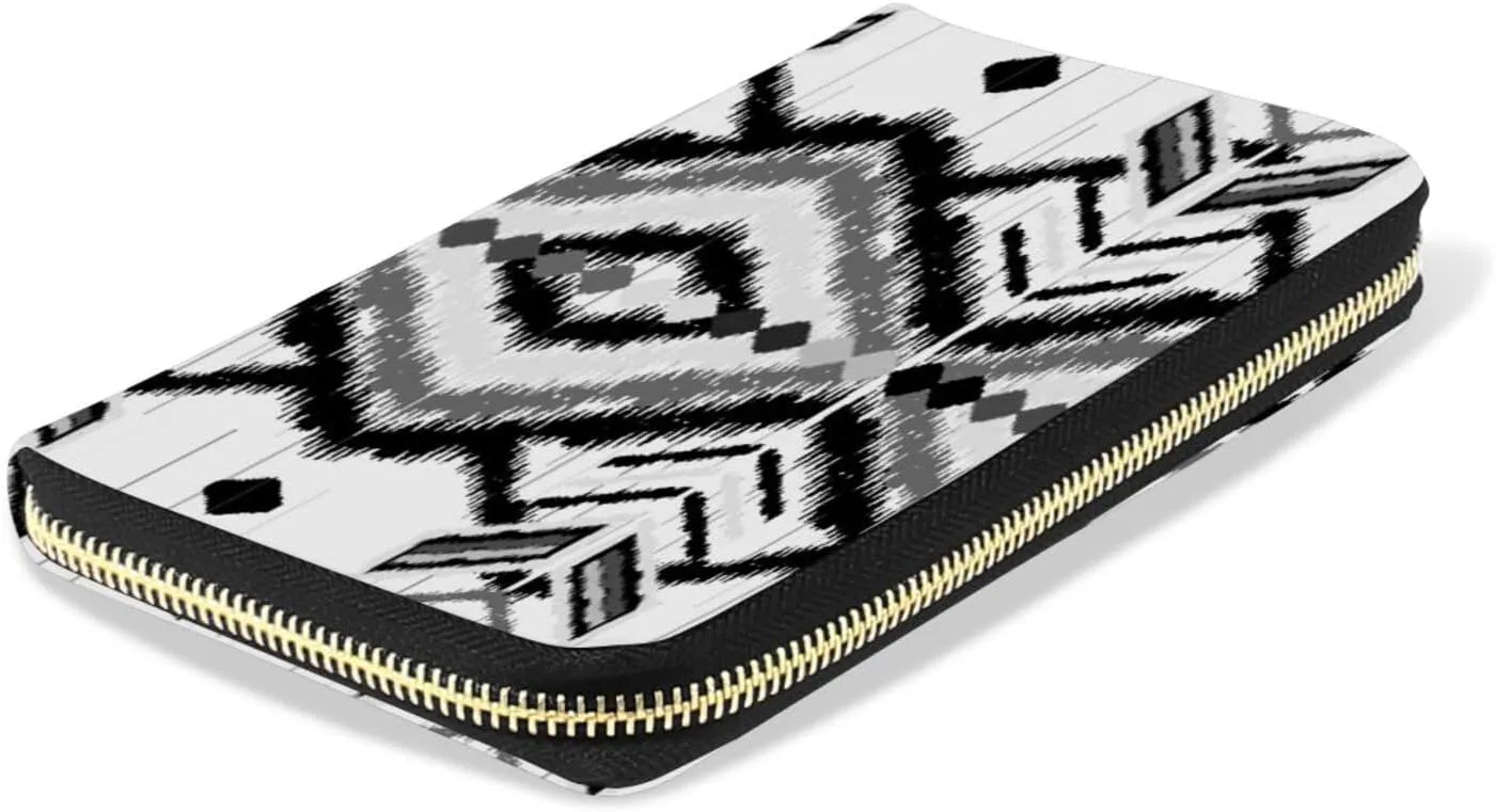 Geometric Ethnic Oriental Traditional Tribal Embroidery Style Leather Long Wallet Organizer with Zipper Purse Clutch Bag for Women Men Key Card Coin Passport Checkbook 8 x 4 inch