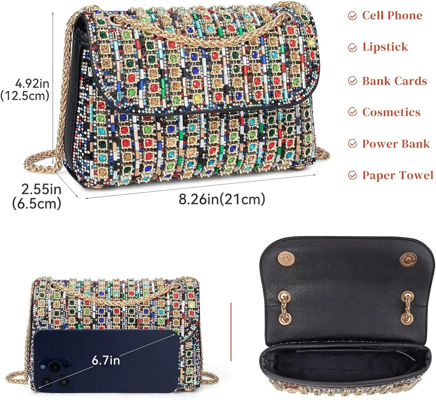 Gets Sparkly Rhinestones Clutch Purses for Women Purses and Handbags for Wedding Party Evening Crossbody Bag with Chain