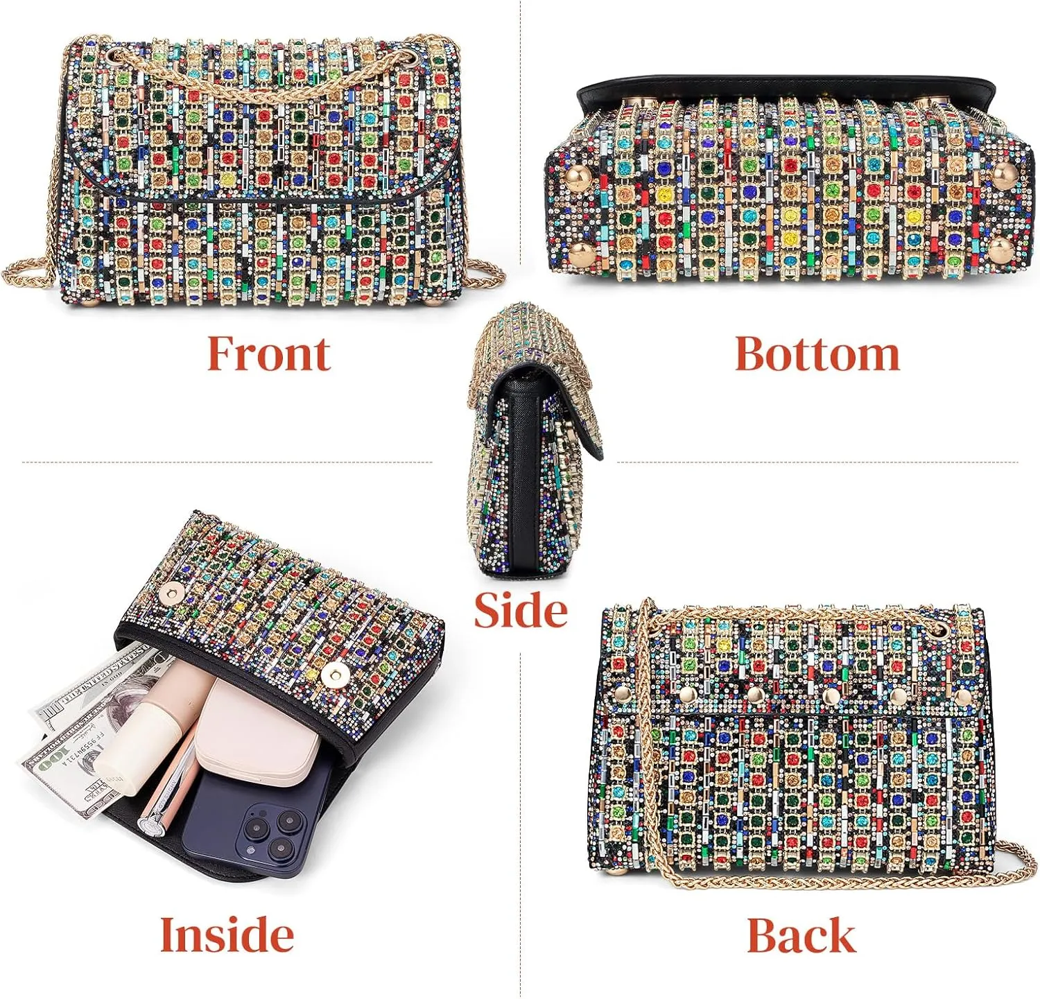 Gets Sparkly Rhinestones Clutch Purses for Women Purses and Handbags for Wedding Party Evening Crossbody Bag with Chain