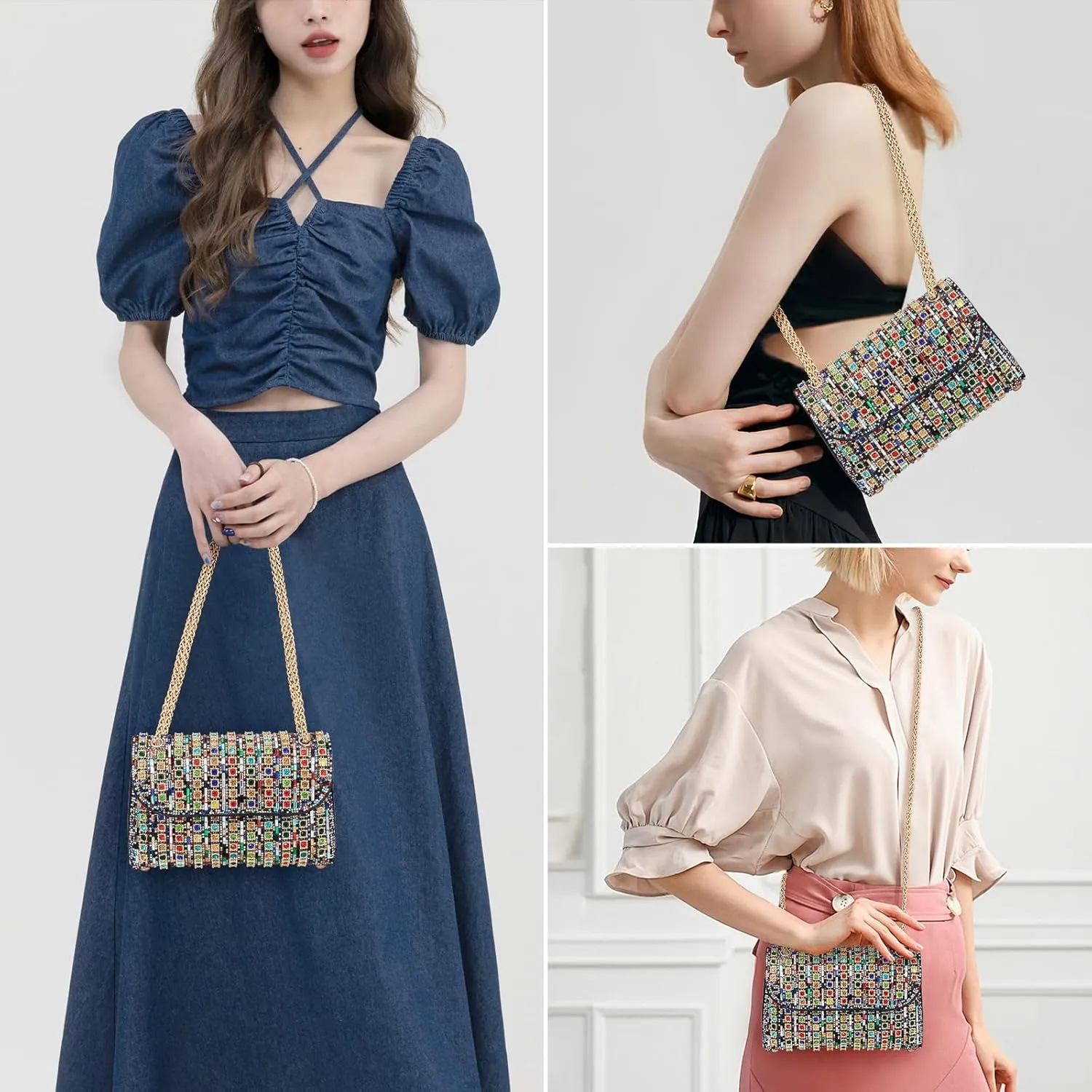 Gets Sparkly Rhinestones Clutch Purses for Women Purses and Handbags for Wedding Party Evening Crossbody Bag with Chain