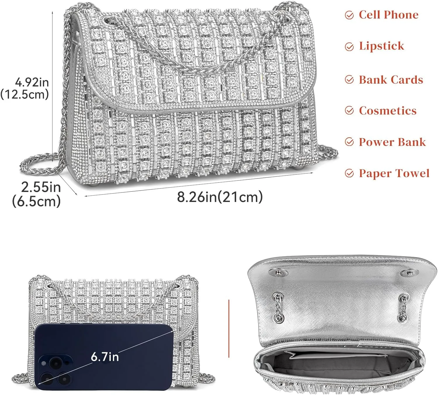 Gets Sparkly Rhinestones Clutch Purses for Women Purses and Handbags for Wedding Party Evening Crossbody Bag with Chain