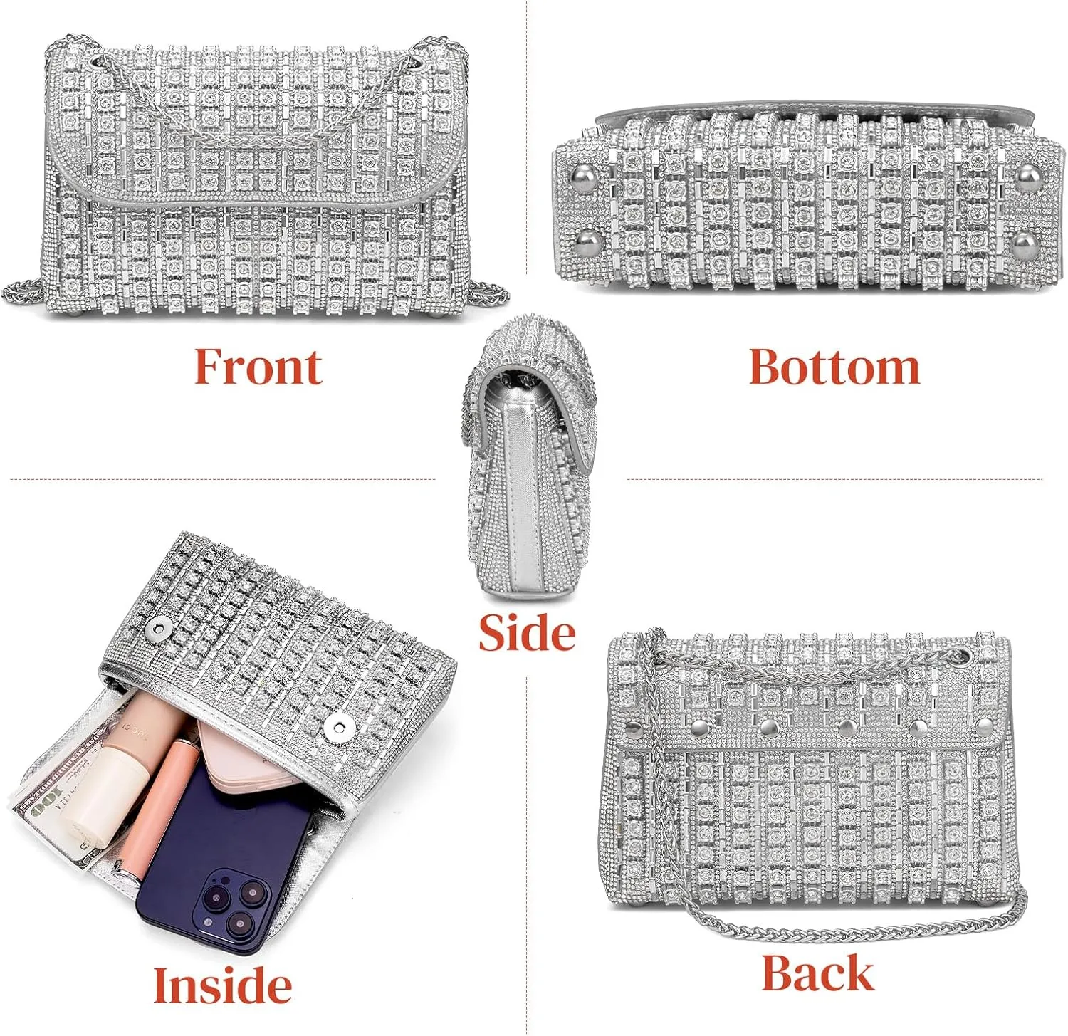 Gets Sparkly Rhinestones Clutch Purses for Women Purses and Handbags for Wedding Party Evening Crossbody Bag with Chain