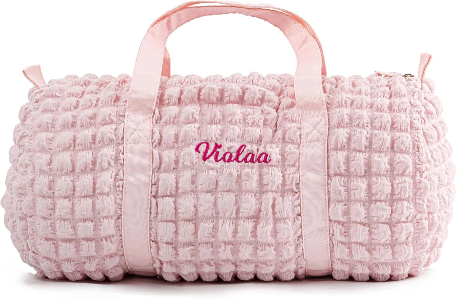 Girls Duffle Bag Personalized Overnight Bag for Girls Seersucker Dance Ballet Bag for Little Girls Custom Small Kids Duffle Bag Toddler Daycare Bag for Weekend Sleepover Travel (Pink)