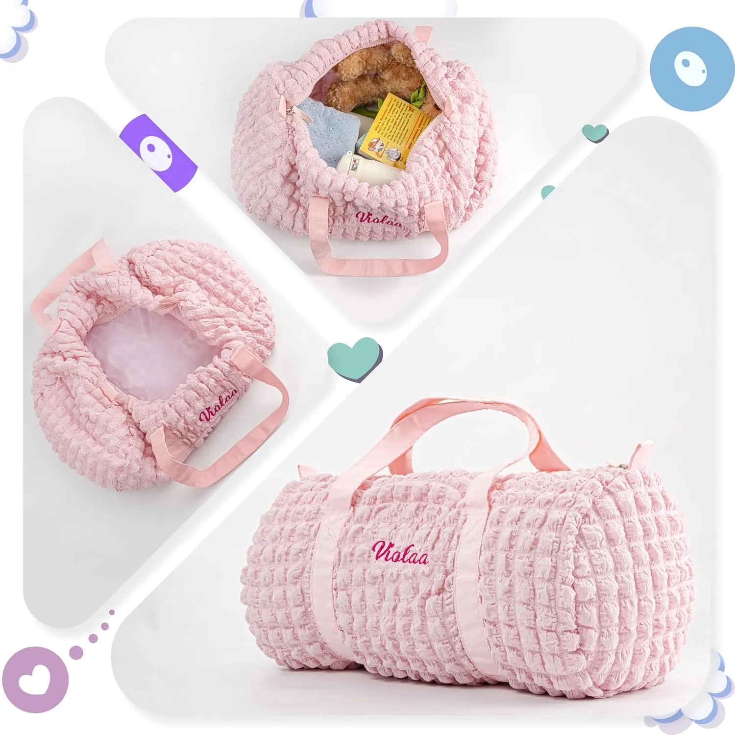 Girls Duffle Bag Personalized Overnight Bag for Girls Seersucker Dance Ballet Bag for Little Girls Custom Small Kids Duffle Bag Toddler Daycare Bag for Weekend Sleepover Travel (Pink)