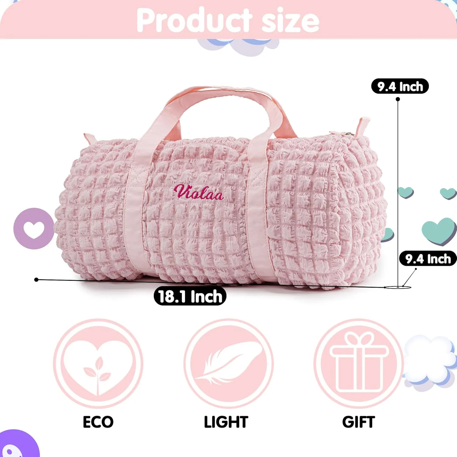 Girls Duffle Bag Personalized Overnight Bag for Girls Seersucker Dance Ballet Bag for Little Girls Custom Small Kids Duffle Bag Toddler Daycare Bag for Weekend Sleepover Travel (Pink)
