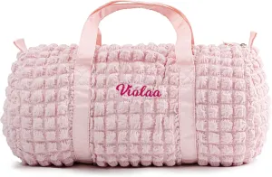 Girls Duffle Bag Personalized Overnight Bag for Girls Seersucker Dance Ballet Bag for Little Girls Custom Small Kids Duffle Bag Toddler Daycare Bag for Weekend Sleepover Travel (Pink)