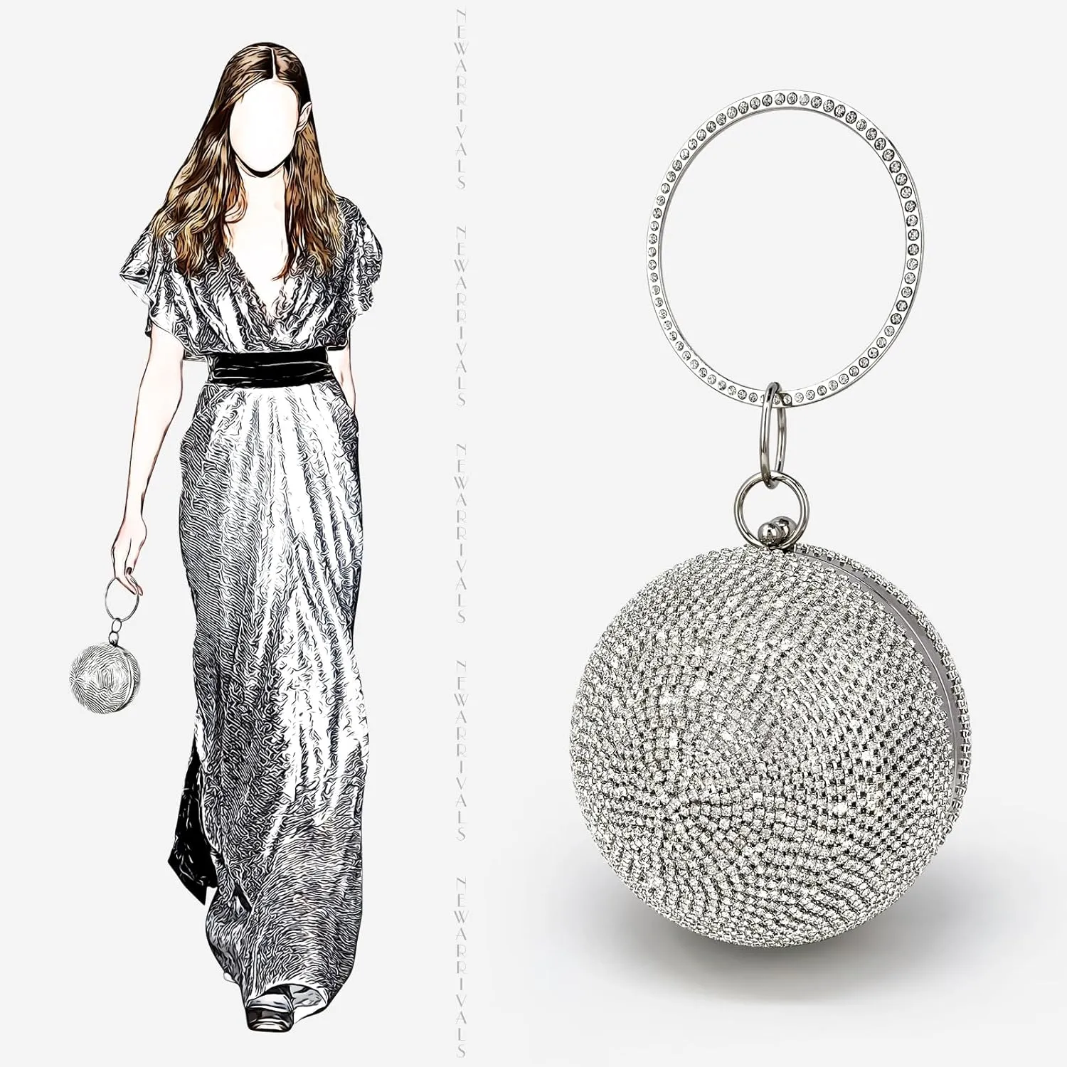 Glitter Evening Bag Ball Shape Clutch Purse Party Wedding Handbag Rhinestone Ring Handle