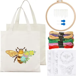 GLOBLELAND Canvas Tote Bag Kit Including 2 Embroidery Bags, 1 Hoop, 18 Needles, 4 Stabilizers, 24 Threads