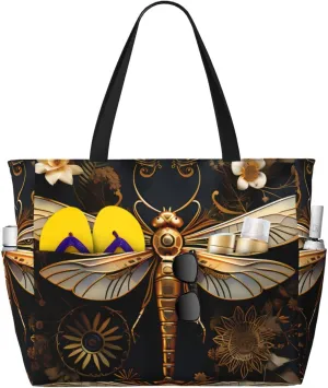 Gold Exquisite Dragonfly Print 28L Large Beach Tote Bag, 7 Pockets Waterproof Travel Shoulder Bag, Gym Oversized Tote
