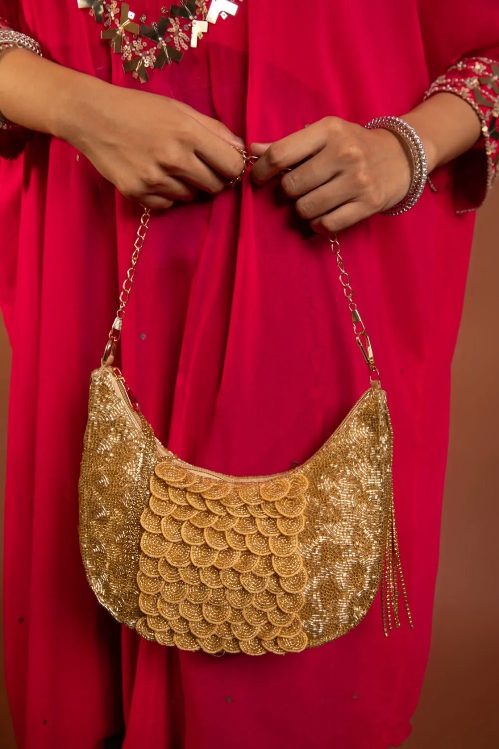 Golden Crystal Glamour: Handcrafted Gold Clutch For Wedding