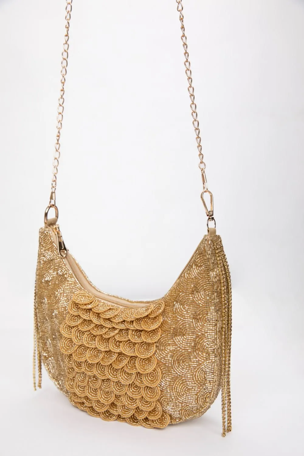 Golden Crystal Glamour: Handcrafted Gold Clutch For Wedding