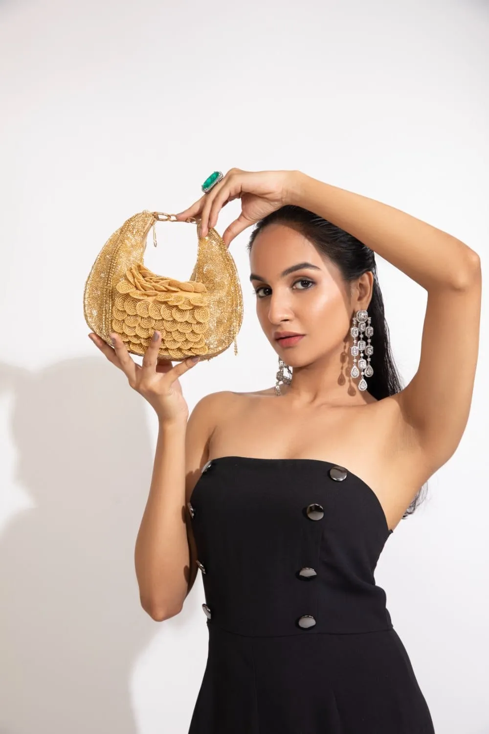 Golden Crystal Glamour: Handcrafted Gold Clutch For Wedding