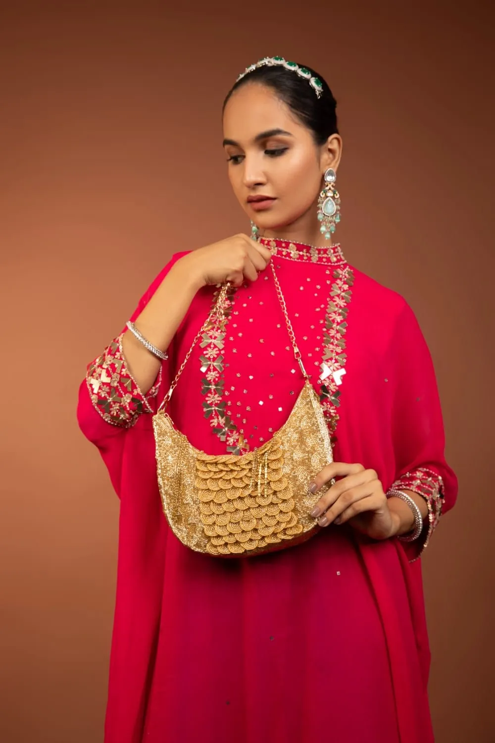 Golden Crystal Glamour: Handcrafted Gold Clutch For Wedding