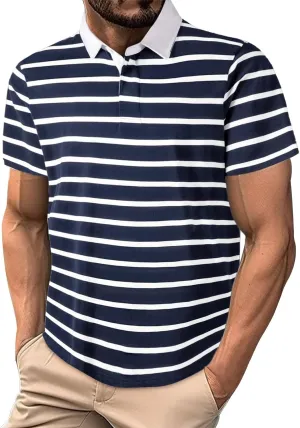 Golf Polo Shirts for Men Classic Striped Button up Collared Short Sleeve T-Shirts Casual Business Office Work Tops