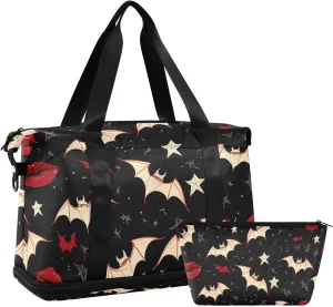 Gothic Style Darkness Red Lips Oversized Travel Duffel Bag Weekender Duffel Bag with Toiletry Bag for Gym Foldable