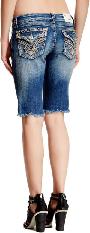 Grace in LA Women's Low Rise Tribal Flap Pocket Cut Off Denim Bermuda Stretch Jean Shorts