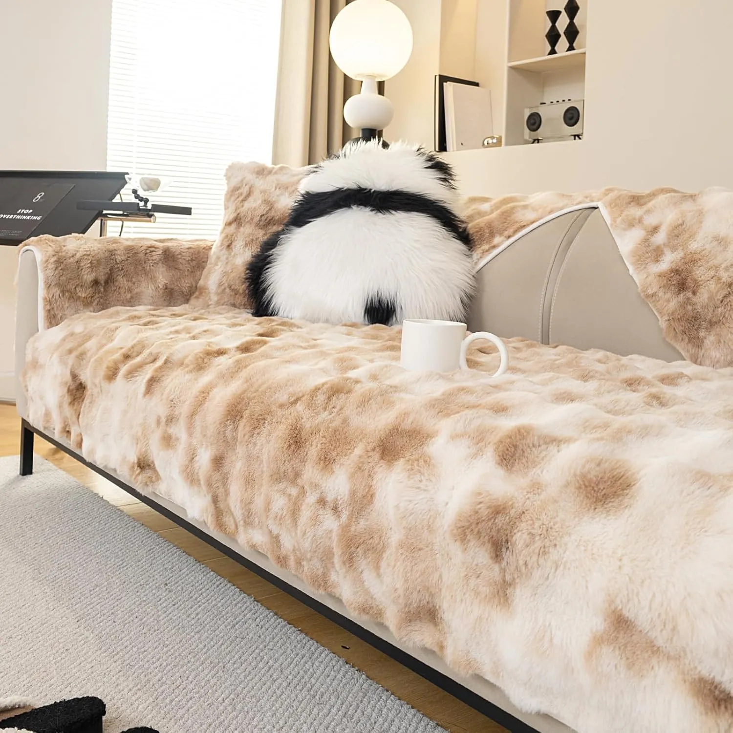 Gradient Faux Fur Couch Cover,Rabbit Plush Couch Cover,Non-Slip Sofa Cover Furniture Protector, Suitable for Bedroom Carpets, Foot mats (Light Coffee, 28"x28"/Armrest or Backrest Cover)