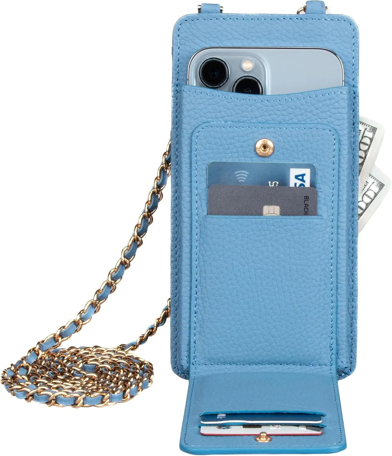 grande 2783 Genuine Leather Small Crossbody Cell Phone Bag for Women, Shoulder Wallet Chain Purse with Credit Card Slot (Iced Blue)