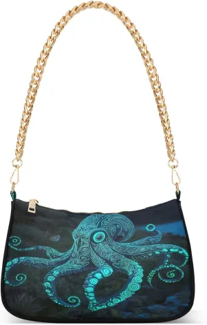 Green Octopus Glowing Texture Shoulder Handbags for Women Travel Hobo Tote Handbag Women Gold Chain Shoulder Bags Purse with Zipper Closure