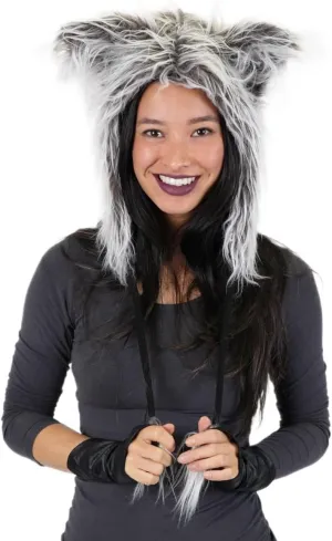 Grey Wolf Faux Fur Hat Hood Festival Winter Beanie Boho Animal Spirit Ears Pom Poms Cosplay Costume
