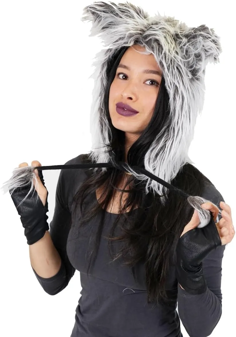 Grey Wolf Faux Fur Hat Hood Festival Winter Beanie Boho Animal Spirit Ears Pom Poms Cosplay Costume